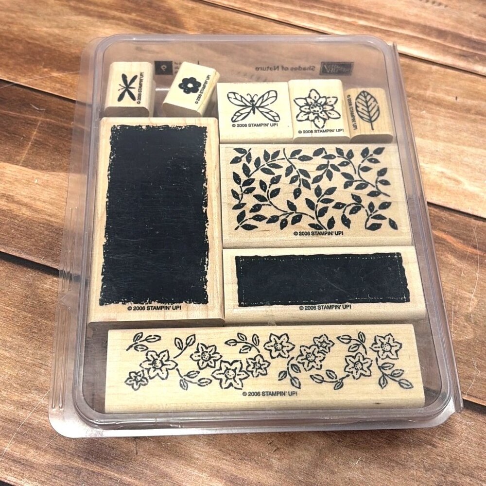2006 STAMPIN' UP! SHADES OF NATURE WOOD MOUNT RUBBER STAMP SET OF 9 FLORAL LEAF